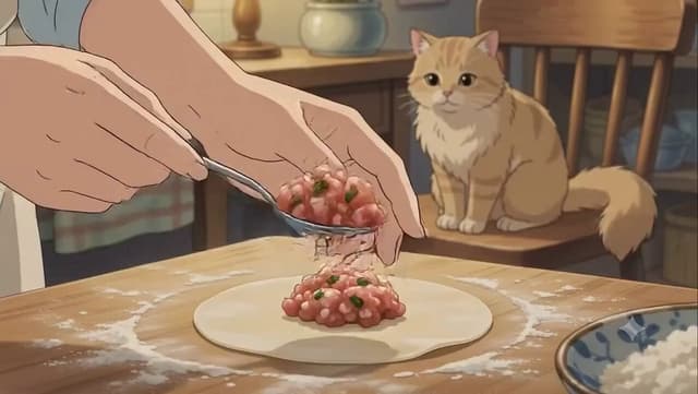 Veo Prompt - A cozy Studio Ghibli-inspired animated cooking scene of hand
