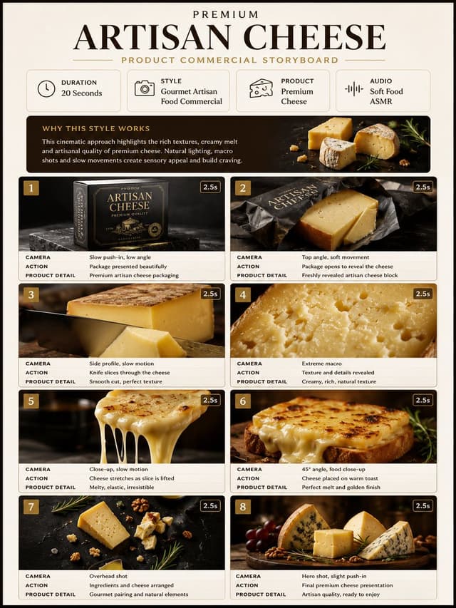 Gemini Omni Prompt - TITLE:
Premium Artisan Cheese Product Commercial Storyboard
