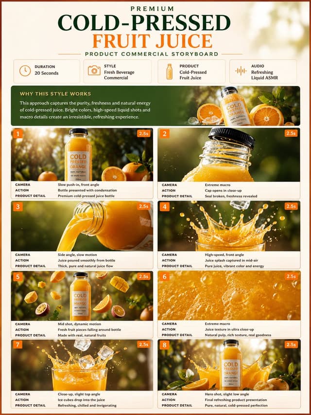 Gemini Omni Prompt - TITLE:
Premium Cold-Pressed Fruit Juice Product Commercial S