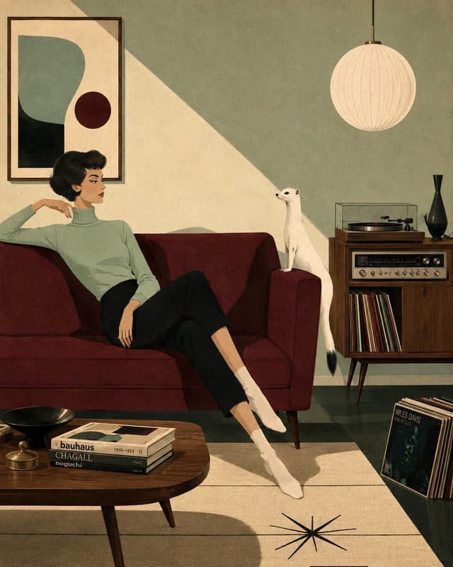 Midjourney Prompt - Stylized mid-century modern illustration of [HUMAN] lounging