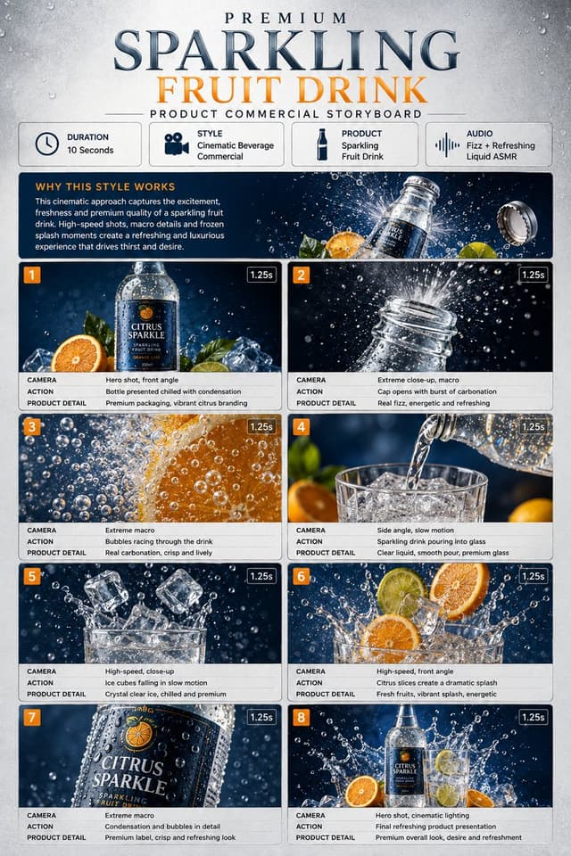 Gemini Omni Prompt - Premium Sparkling Fruit Drink Product Commercial Storyboard
