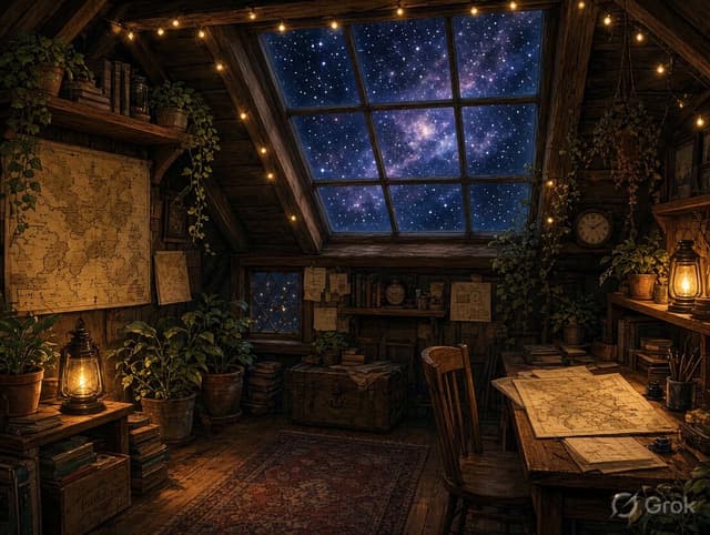 Grok Imagine Prompt - A cozy attic room filled with vintage treasures, old maps, p