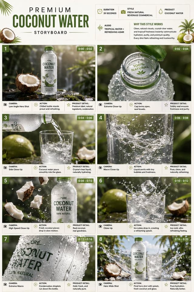 Gemini Omni Prompt - TITLE: Premium Coconut Water Product Commercial Storyboard

