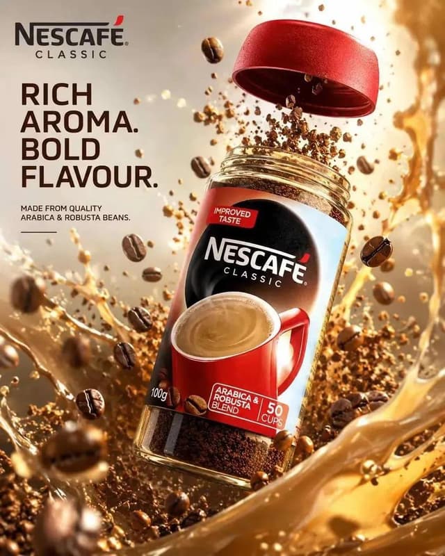 Veo Prompt - A dynamic 3D commercial video scene featuring a Nescafe Clas