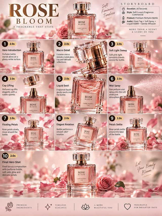Gemini Omni Prompt - TITLE:
Luxury Rose Perfume Cinematic Product Commercial Stor