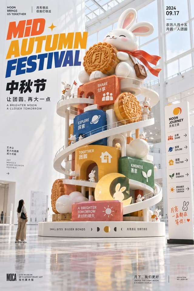 GPT Image Prompt - 在一座高挑、近乎全白的美术馆中庭里,拍一张展览海报:圆形展台上立着纪念碑式装置,几块超大日常物件错位叠成建筑,白色螺旋坡