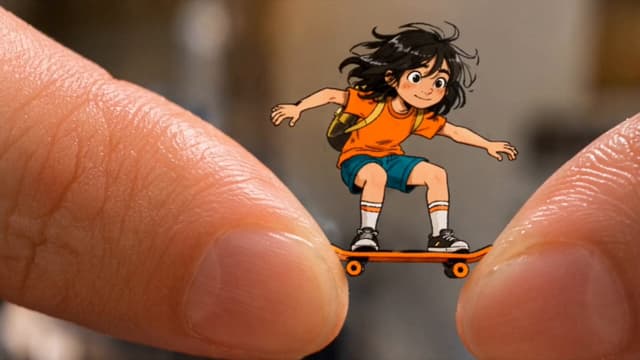 Seedance Prompt - Subject
A miniature hand-drawn 2D animated girl with messy b